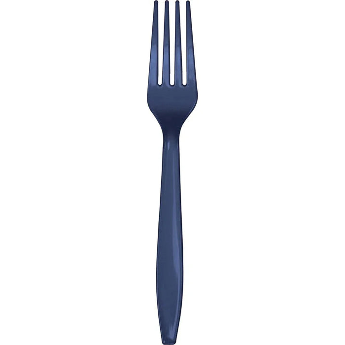 Single navy blue plastic fork with four tines and a tapered handle, shown against a white background.