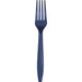 Single navy blue plastic fork with four tines and a tapered handle, shown against a white background.