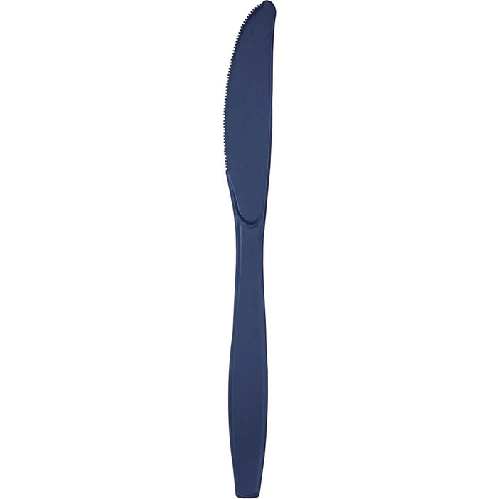Navy blue plastic knife with a serrated edge and tapered handle, shown in a single vertical orientation against a white background.
