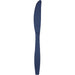 Navy blue plastic knife with a serrated edge and tapered handle, shown in a single vertical orientation against a white background.