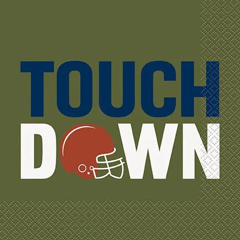Olive green napkins featuring blue "TOUCH" text, white "DOWN" text, and a red football helmet graphic in the center.