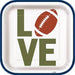 White square paper plate with olive green "LOVE" text and a brown football replacing the "O," bordered by dark blue rim.