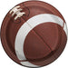 Brown and white football-shaped paper plates with laces detail, showing eight round plates stacked and fanned to display the design.