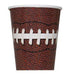 Brown textured paper cup designed to resemble a football, featuring white laces across the middle band and a white rim.