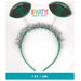 Green headband with silver tinsel pom-poms on top and two black foam football-shaped attachments reading "Game On" in green text.