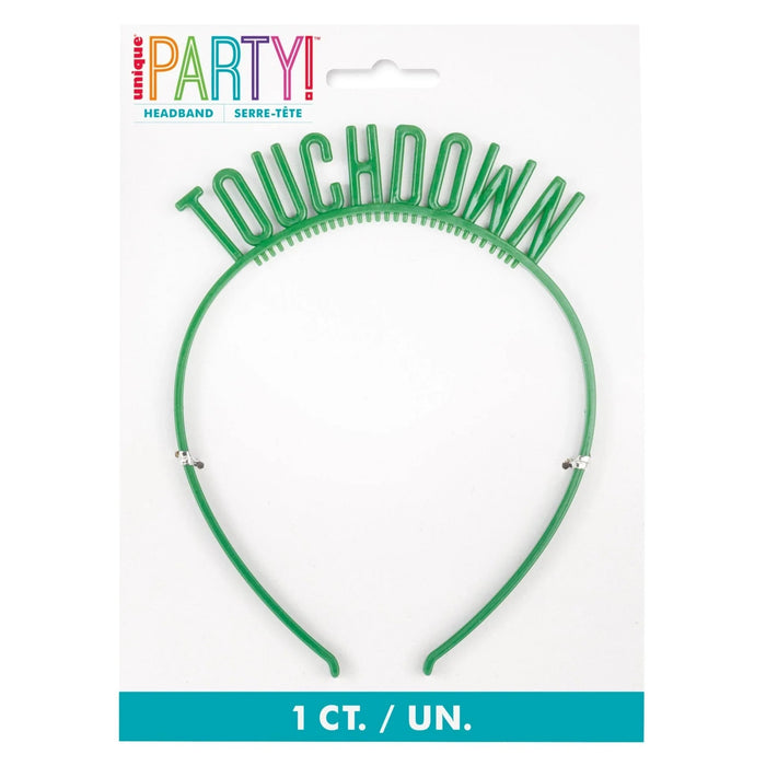 Green headband with "Touchdown" text across the top and decorative ridged trim, shown on packaging labeled one count.