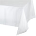 Clear plastic tablecover draped over a rectangular table, showing a transparent finish designed to protect surfaces while allowing the table or table décor underneath to show through.
