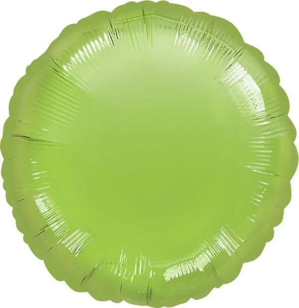 Lime green round mylar balloon with a shiny metallic finish and crimped scalloped edges.