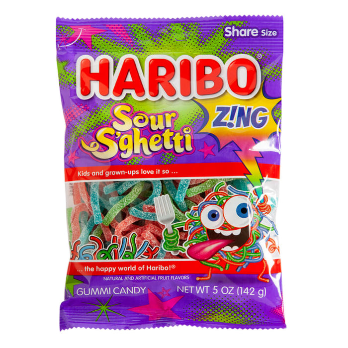 Haribo Sour S'ghetti Gummi Candy: novelty gummy candies shaped like little foods. Sold in a 5 oz clear plastic peg bag that hangs from a printed header card, with the candy visible inside.