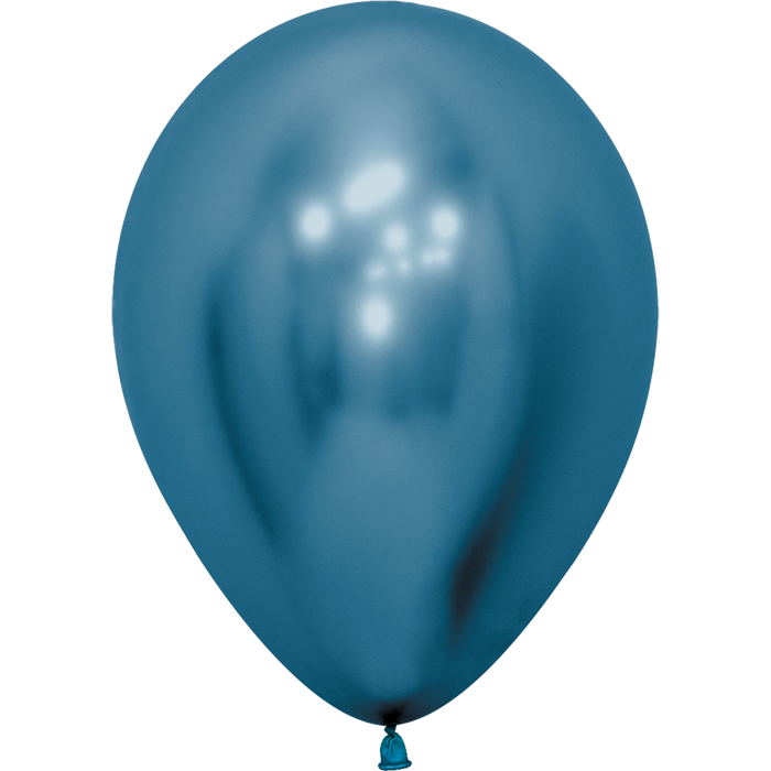 Deep teal-blue latex balloon with a reflective metallic sheen and tied knot at the base.