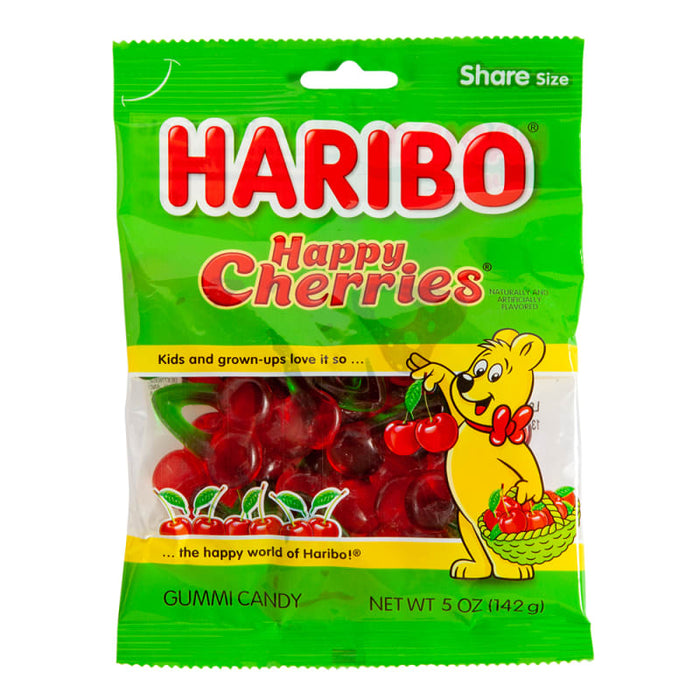 Haribo Happy Cherries Gummi Candy: gummy cherries. Sold in a 5 oz clear plastic peg bag that hangs from a printed header card, with the candy visible inside.