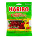 Haribo Happy Cherries Gummi Candy: gummy cherries. Sold in a 5 oz clear plastic peg bag that hangs from a printed header card, with the candy visible inside.