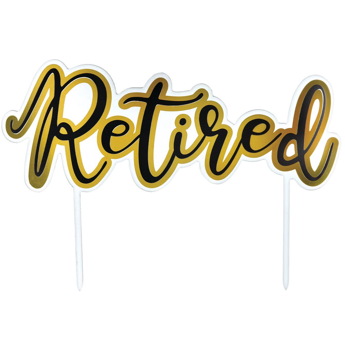 Officially Retired cake topper with black and gold script lettering on white picks for inserting into a cake.