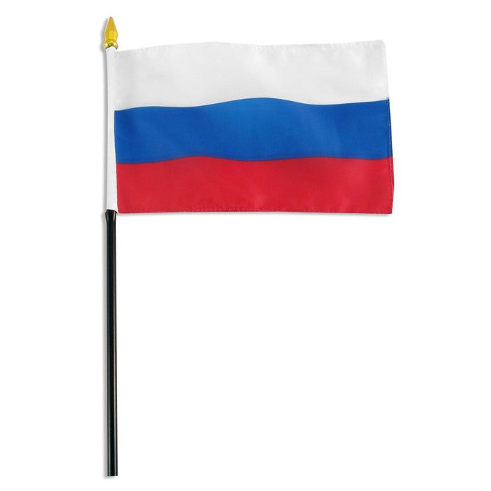 Russian flag with three horizontal stripes of white, blue, and red, mounted on a black stick with a gold finial.