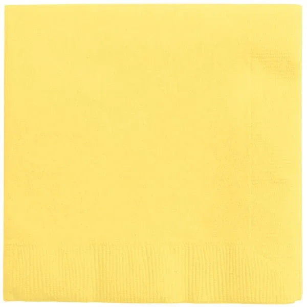 Stack of fifty bright yellow beverage napkins with a textured ribbed pattern along the bottom edge.