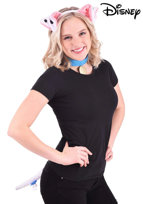 Pink and white dog ear headband with a blue collar featuring a gold pendant and a blue and white tail accessory for Disney costume wear.