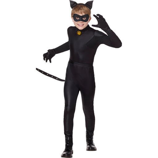 A person wearing a Childs Miraculous Ladybug Cat Noir Costume.