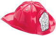 Bright pink plastic firefighter helmet with a white badge featuring decorative details on the front.