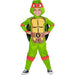 Child wearing a green Teenage Mutant Ninja Turtles Raphael costume with a yellow shell, red mask, brown belt with R logo, red arm and leg accents, and black cape.