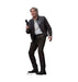 Life-size cardboard standup figure of a man in a black leather jacket and dark pants holding a blaster pistol against a white background.