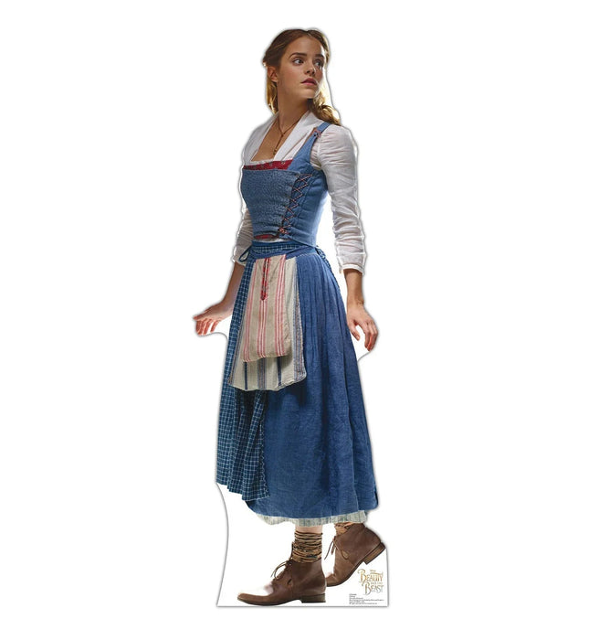 Life-size cardboard standup of a young woman wearing a blue village dress with white puffy sleeves, a striped apron, and brown boots, gazing upward against a white background.
