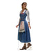 Life-size cardboard standup of a young woman wearing a blue village dress with white puffy sleeves, a striped apron, and brown boots, gazing upward against a white background.