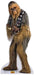 Life-size cardboard cutout of Chewbacca with brown and tan fur, black nose, bandolier strap, and holding a staff-like weapon against a white background.