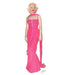 Vintage-style cardboard standup cutout of a woman with platinum blonde curled hair wearing a form-fitting hot pink sequined gown with a sheer neckline and trailing scarf against a white background.