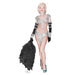 Vintage-style illustration of a blonde woman in a sequined silver crop top and matching hip-hugging shorts with fishnet stockings, black jeweled gloves, and turquoise heeled sandals, holding a large black feathered fan.