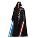 Life-size cardboard standup of a figure in black armor and cape holding illuminated blue and red lightsabers against a white background.