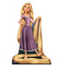 Lifesize cardboard standup of a young woman with very long golden blonde hair wearing a purple medieval-style dress with pink sleeves, barefoot and smiling.