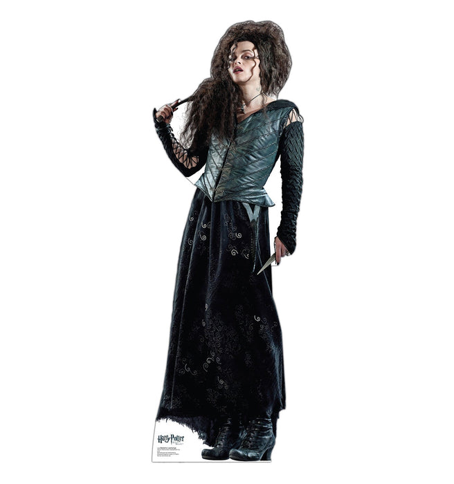Lifesize cardboard standup of a woman with long dark curly hair wearing a dark teal quilted vest over a black long-sleeved dress with decorative swirls, holding a wand and standing against a white background.