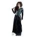 Lifesize cardboard standup of a woman with long dark curly hair wearing a dark teal quilted vest over a black long-sleeved dress with decorative swirls, holding a wand and standing against a white background.