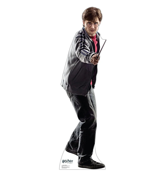 Life-size cardboard standup of a young wizard wearing round glasses, a striped jacket over a red shirt, and dark jeans, with one arm extended outward in a pointing gesture.