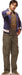 Man in purple cardigan over patterned gold and brown sweater pointing forward, wearing olive cargo pants and patterned shoes.