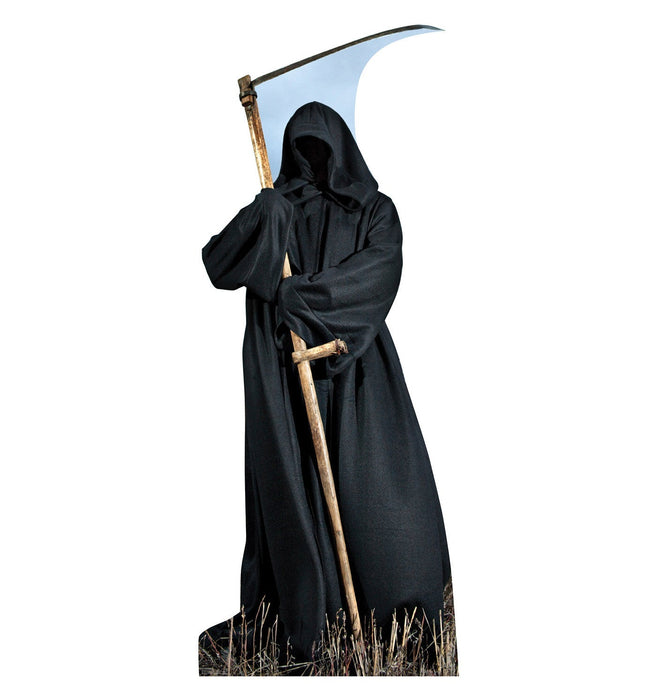 Life-size cardboard standup figure of the Grim Reaper wearing a black hooded robe and holding a curved scythe with a wooden handle against a white background.