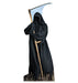 Life-size cardboard standup figure of the Grim Reaper wearing a black hooded robe and holding a curved scythe with a wooden handle against a white background.