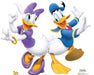 Colorful cartoon cardboard standups of Donald Duck in blue and Daisy Duck in purple facing each other with raised arms in a dancing pose.