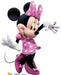 Minnie Mouse cardboard cutout wearing a pink polka-dot dress and bow, with white gloves raised in a cheerful pose against a white background.