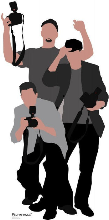 Lifesize cardboard standup featuring four illustrated figures in business casual attire holding cameras and recording devices, with "PAPARAZZI" text at the bottom.