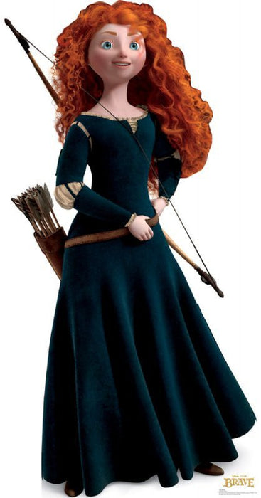 Animated character with voluminous curly orange-red hair wearing a dark teal medieval dress with a brown belt, holding a bow and arrows across her body.