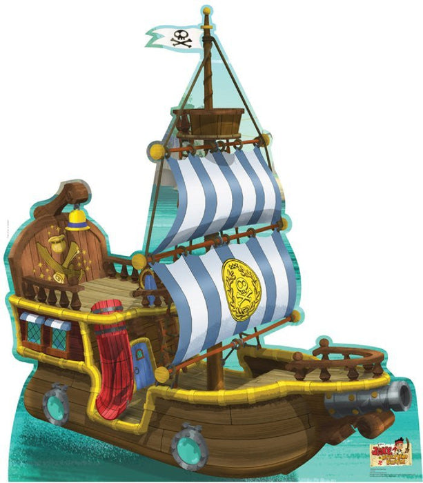Colorful cardboard pirate ship standup featuring blue and white striped sails, brown wooden hull with portholes, a skull and crossbones flag, and a yellow circular emblem on the sail.