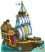 Colorful cardboard pirate ship standup featuring blue and white striped sails, brown wooden hull with portholes, a skull and crossbones flag, and a yellow circular emblem on the sail.