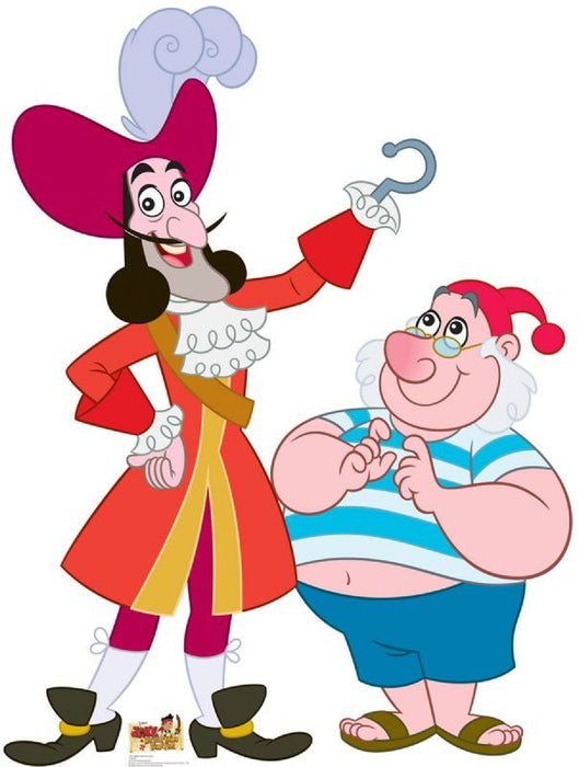 Cardboard standup figures of two cartoon pirates: a tall character with a magenta tricorn hat, red coat with gold trim, and hook hand, standing next to a shorter, rounder character wearing a striped blue and white shirt and red stocking cap.