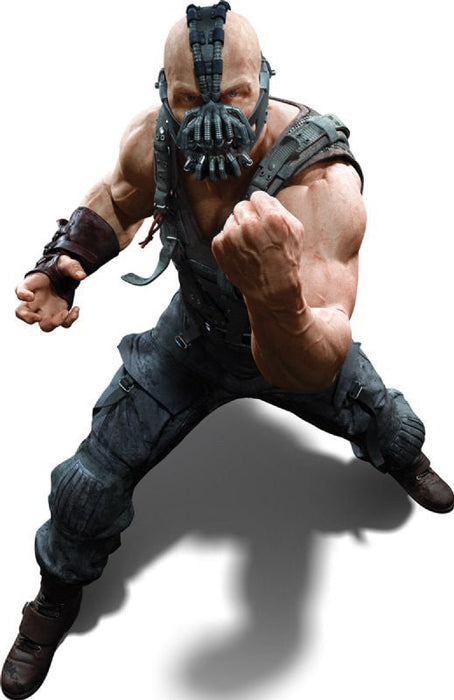 Muscular bald man in a dynamic fighting pose wearing a black mechanical mask, dark tactical gear, and arm wraps against a white background.