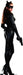 Life-size cardboard standup of a woman in a black catsuit with cat ear headpiece, black mask, and holding a handgun, posed in profile against a white background.