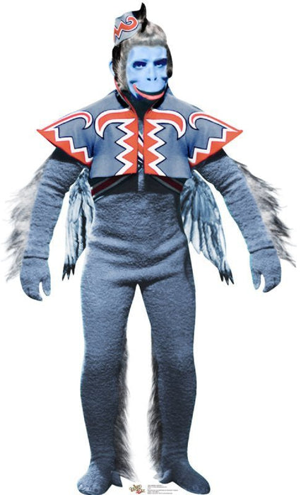Blue-gray winged monkey costume standup featuring blue face makeup, red and white patterned chest plate, furry arms and legs, and black hair spikes.