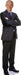 Life-size cardboard cutout of an older man in a dark navy suit with purple patterned tie, standing with crossed arms and smiling at the camera.