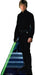 Life-size cardboard standup figure of a young man in all-black Jedi robes holding a glowing green lightsaber against a starry blue background.