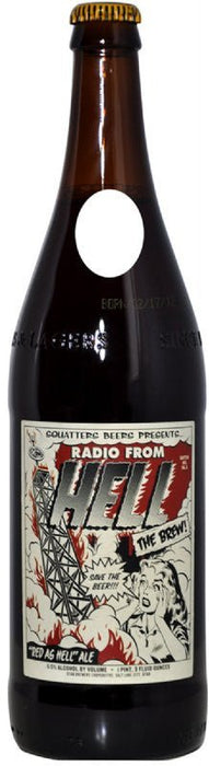 Dark brown beer bottle with gold cap and red and white comic-style label reading "Radio From Hell" and "Red as Hell Ale" featuring bold graphic illustrations.
